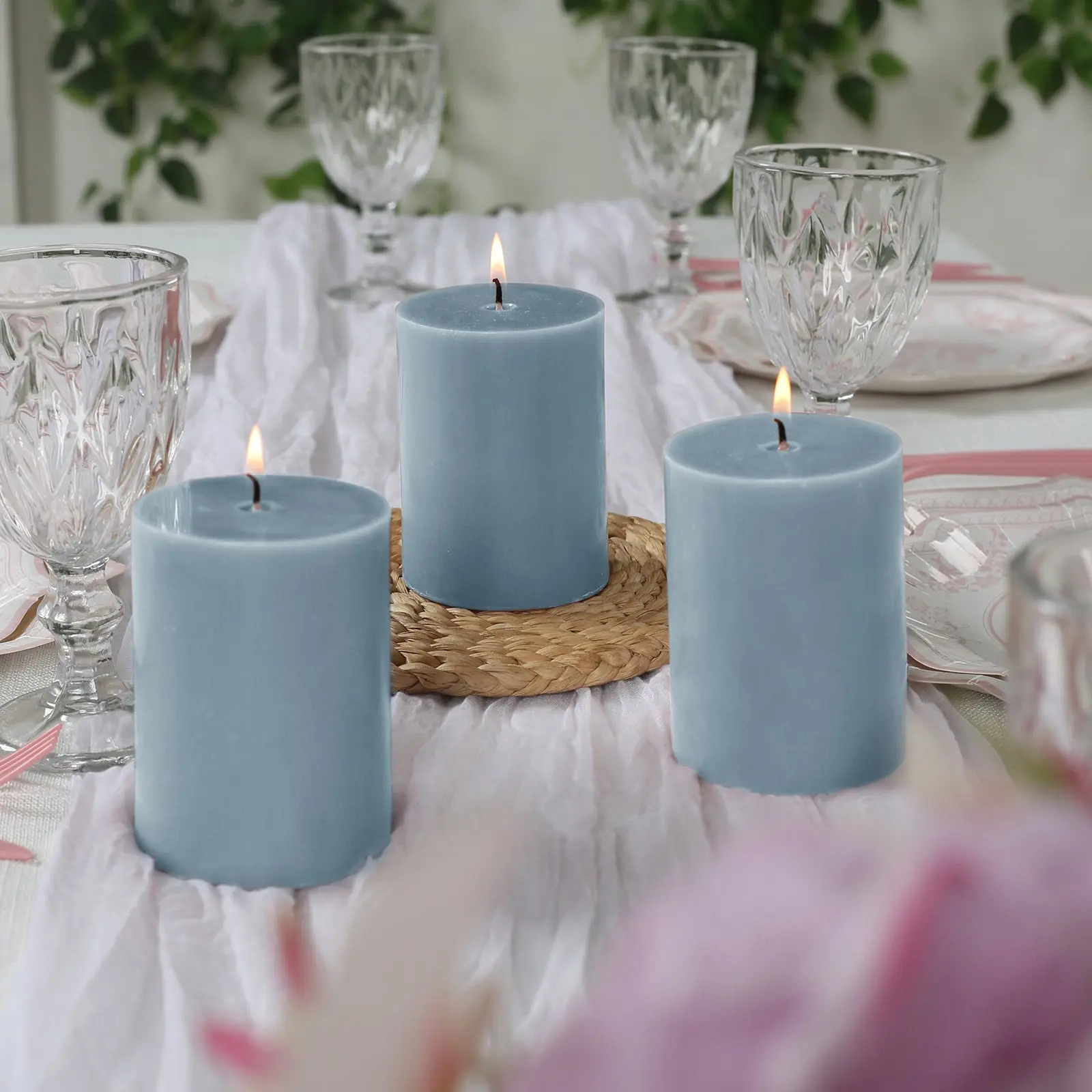 12-Pack 3"x4" Unscented Dripless Pillar Candles – Dusty Blue Long-Burning Wax Candles with Cotton Wicks for Home, Weddings & Event Decor