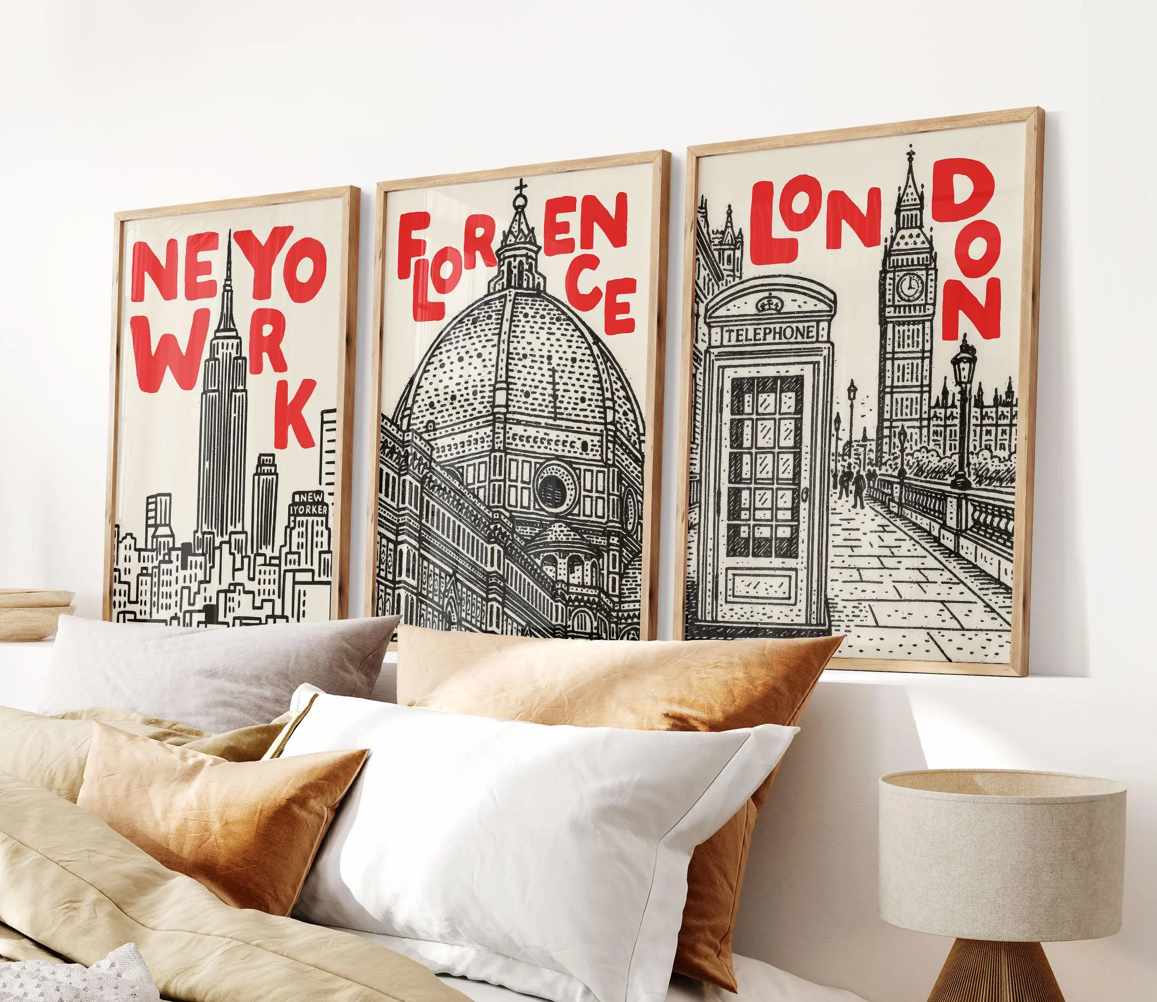 Set of 3 Trendy Prints, New York, London, Florence, Italy Travel Posters, Aesthetic Home Wall Art, Charming Cityscape Artworks Decor Glossy