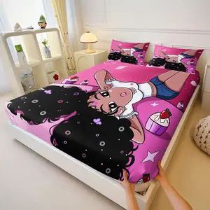 Y2K Afro Black Girl Fitted Sheet Sets,Pink Starry Cupcake Print Bedsheet Sets,Includes 1 Fitted Sheet & 2 Pillowcases,Wrinkle-Resistant Microfiber Bedding for Teen Girls Bedroom Dorm,Gift for Black Girls & Y2K Fans