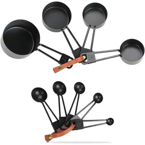 9-Piece Stainless Steel Measuring Cups and Spoons Set, Perfect Measures for Liquid and Dry Ingredients, Including 4 Nesting Cups and 5 Stackable Spoons, with Ring Connector (Black) Kitchen Utensils Set Kitchenware