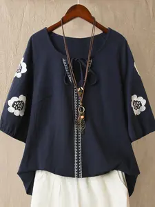 Women's Lightweight Cotton Blend Vintage Casual Style Fitted Blouses Top, Round Neck Medium Sleeve (puff Sleeves), Floral Embroidery, Front Tie, Cross Stitch Decor, Everyday