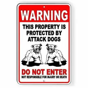 Warning Metal Warning Sign Property Protection Caution Attack No Entry Outdoor Safety Sign, Metal Tin Sign, Not Plated with Precious Metal