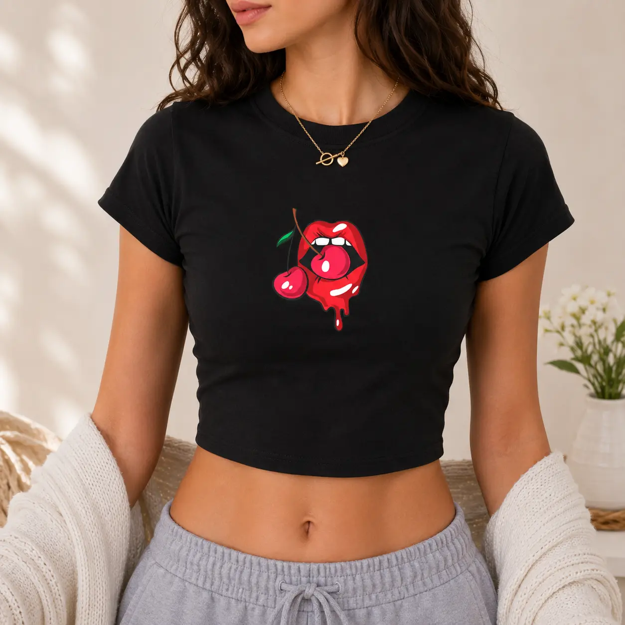 Cherry Lips Baby Tee for Women, Sexy Y2K Graphic Crop Top, Aesthetic Cherry Mouth Fitted T-Shirt, Cute Streetwear Summer Tee