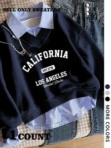 Women's V-Neck Pullover Sweatshirt, Simple Youthful Comfort, Casual Fashion, Graphic Letter Design, Perfect for Fall & Winter