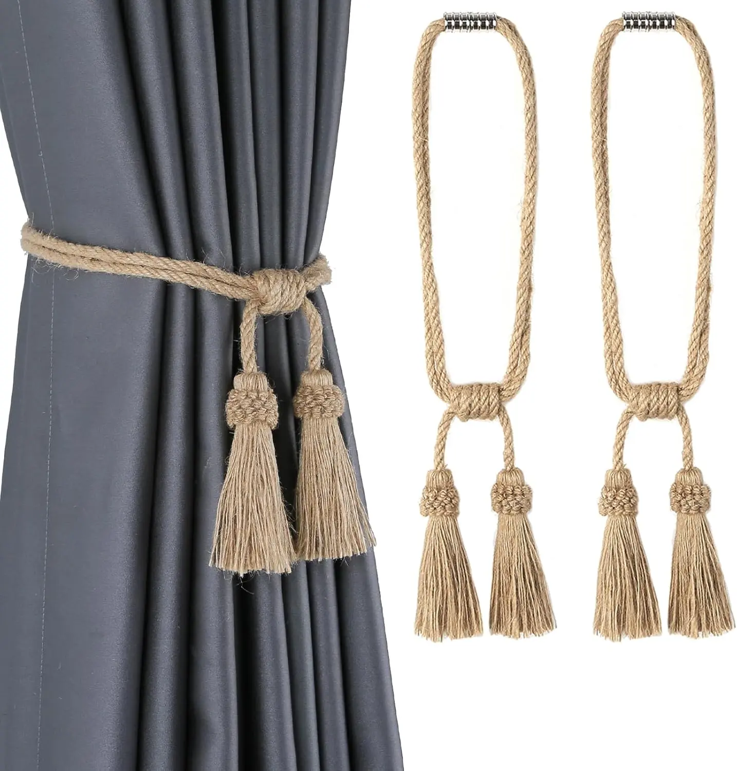 Curtain Tiebacks Tassel Curtain Tieback Modern Handmade Tie Backs,Decorative Tassel Holdback for Draperies,Window Decor (Jute, 2 Pack)