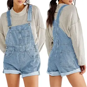 Overalls For Women,Women Denim Bib Overalls Adjustable Straps Pocket Romper Shorts Casual Rolled Cuff Shortalls