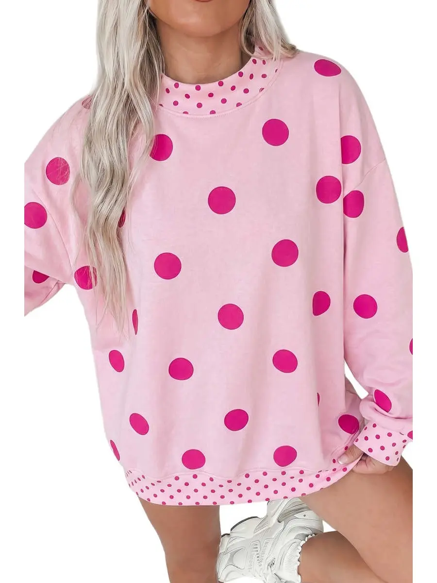 Women’s Polka Dot Oversized Tunic Sweatshirt - High Neck Full Sleeve Tunic Top with Contrast Cuffs, Hem, Mini Dot Trim, Cozy Fabric, Relaxed Fit Long Length Top for Fall, Winter Everyday Wear