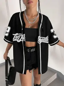 Women's Number Print Baseball Jersey, Casual Fashion Loose Letter Print Short Sleeve Button Design Blouse for Daily Wear, Ladies Clothes for All Seasons, Jersey Shirts