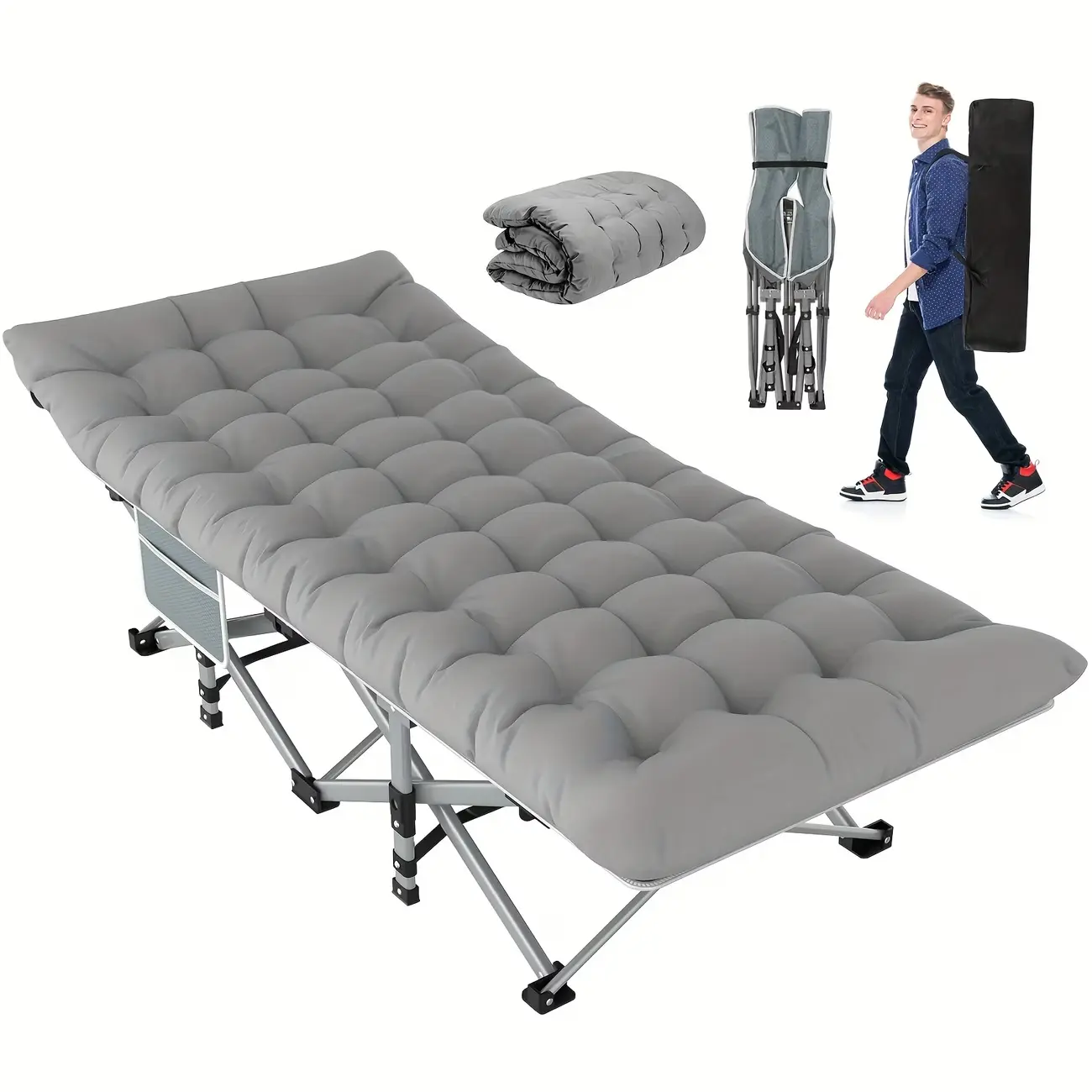 U-mi Folding Camping Cot with Mattress – Heavy-Duty Compact Fully Cushioned Collapsible Loungers, Portable Guest Bed for Camping & Indoor Use, 1200D Oxford Layer, Carry Bag Included, Folding Loungers, Heavy-Duty Folding Loungers