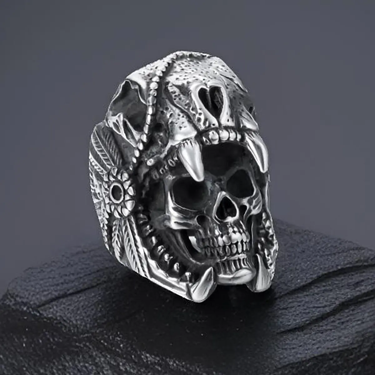 Cool Skull Rings for Mens Stainless Steel Vintage Indian Tribes Jaguar Warrior Biker Punk Ring Jewelry Gift for Him Size 8 to 13