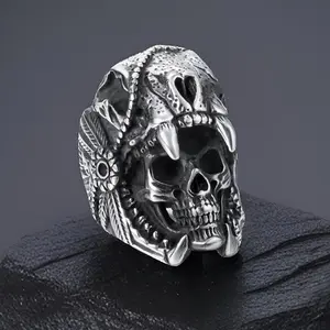Cool Skull Rings for Mens Stainless Steel Vintage Indian Tribes Jaguar Warrior Biker Punk Ring Jewelry Gift for Him Size 8 to 13