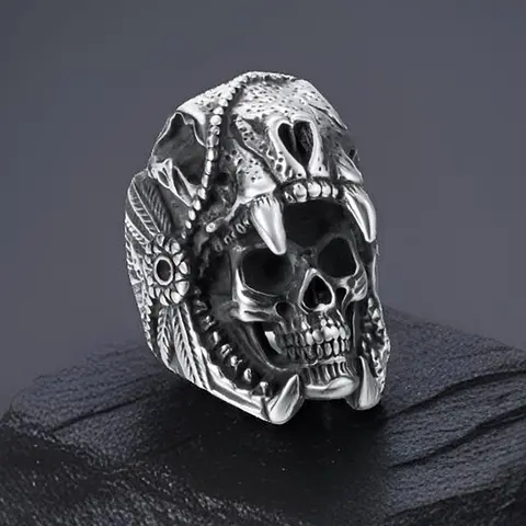 Men's Stainless Steel Skull Gothic Band Ring - Retro Punk Vintage Indian Tribes Jaguar Warrior Biker Unique Fashion Finger Jewelry, Allergy-Free Alt-Style Rings, Ideal for Halloween Cosplays & Anniversary Gifts for Him, Sizes 8-13