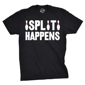 Mens Split Happens Funny Bowling Graphic Text Hilarious Sports T Shirt Mens Funny T Shirts Cool Vintage Fashion T-Shirt Gift Classic Menswear Novelty Tees for Guys Black