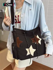 Large capacity canvas crossbody messenger bag Japanese niche design five-pointed star casual school shoulder bag zipper closure adjustable shoulder strap suitable for campus shopping leisure commuting work and daily accessories, Canvas crossbody bags