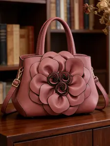 Ladies' elegant temperament handbag, simple retro large capacity floral decoration handbag, Floral Pattern Handbag, versatile for commuting, suitable for work and travel, zipper closure, adjustable shoulder strap