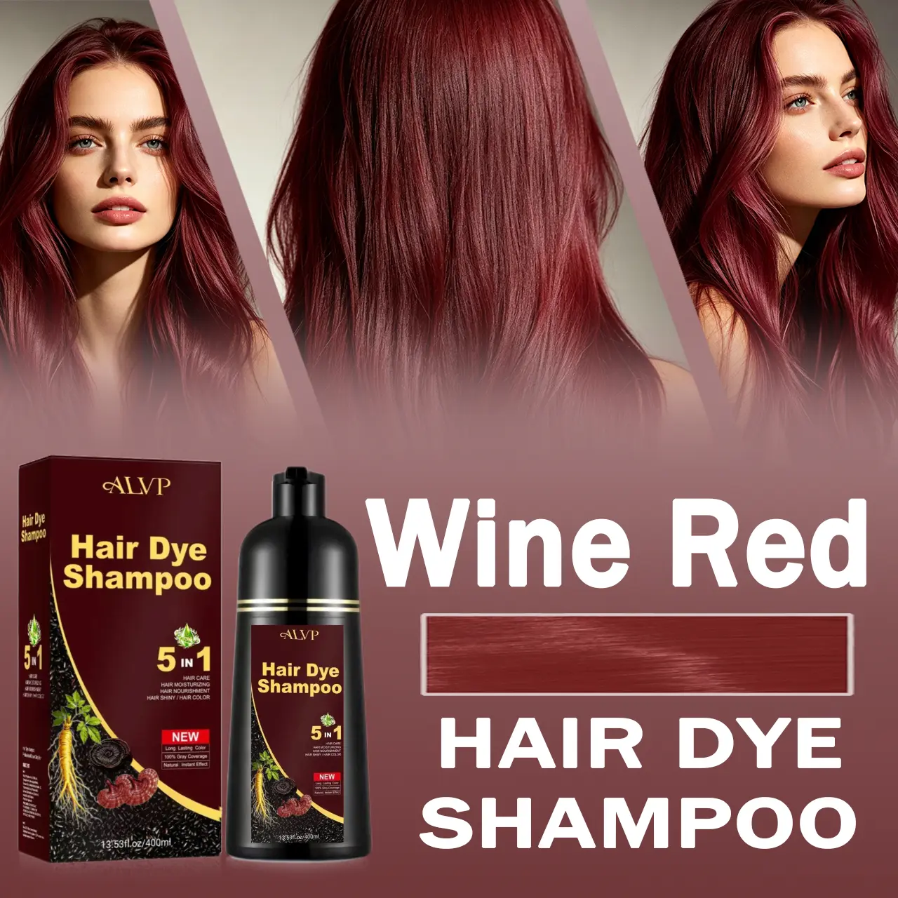 ALVP Ginseng 5-in-1 Hair Color Care Shampoo, Natural Herbal Hair Care Product for Men and Women, Covers Gray Hair, Large Capacity 400ml