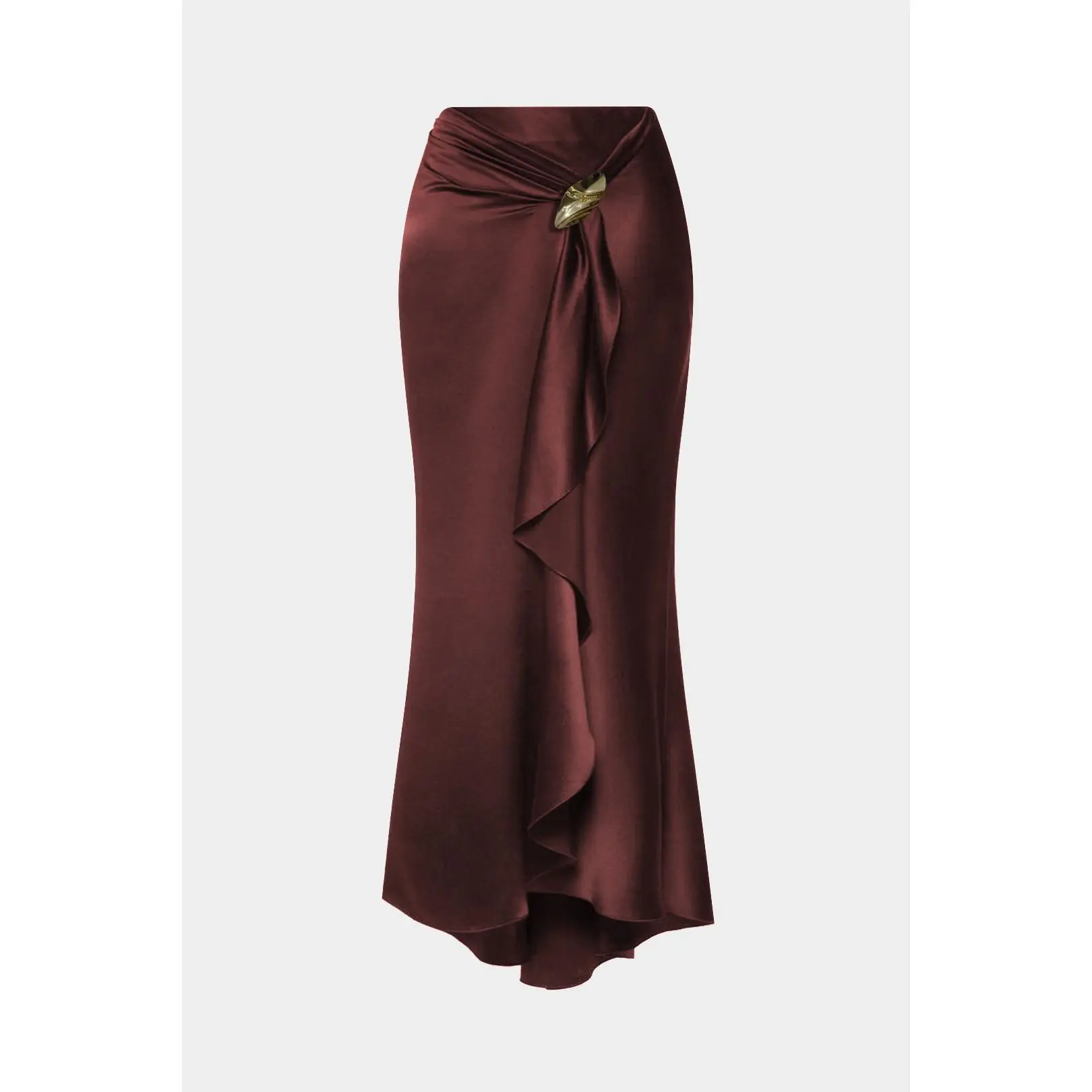 Women's Satin Ruffle-Ruched Asymmetrical Skirt, Fitted Style for Social Wear & Party Occasions, Polyester Clothes