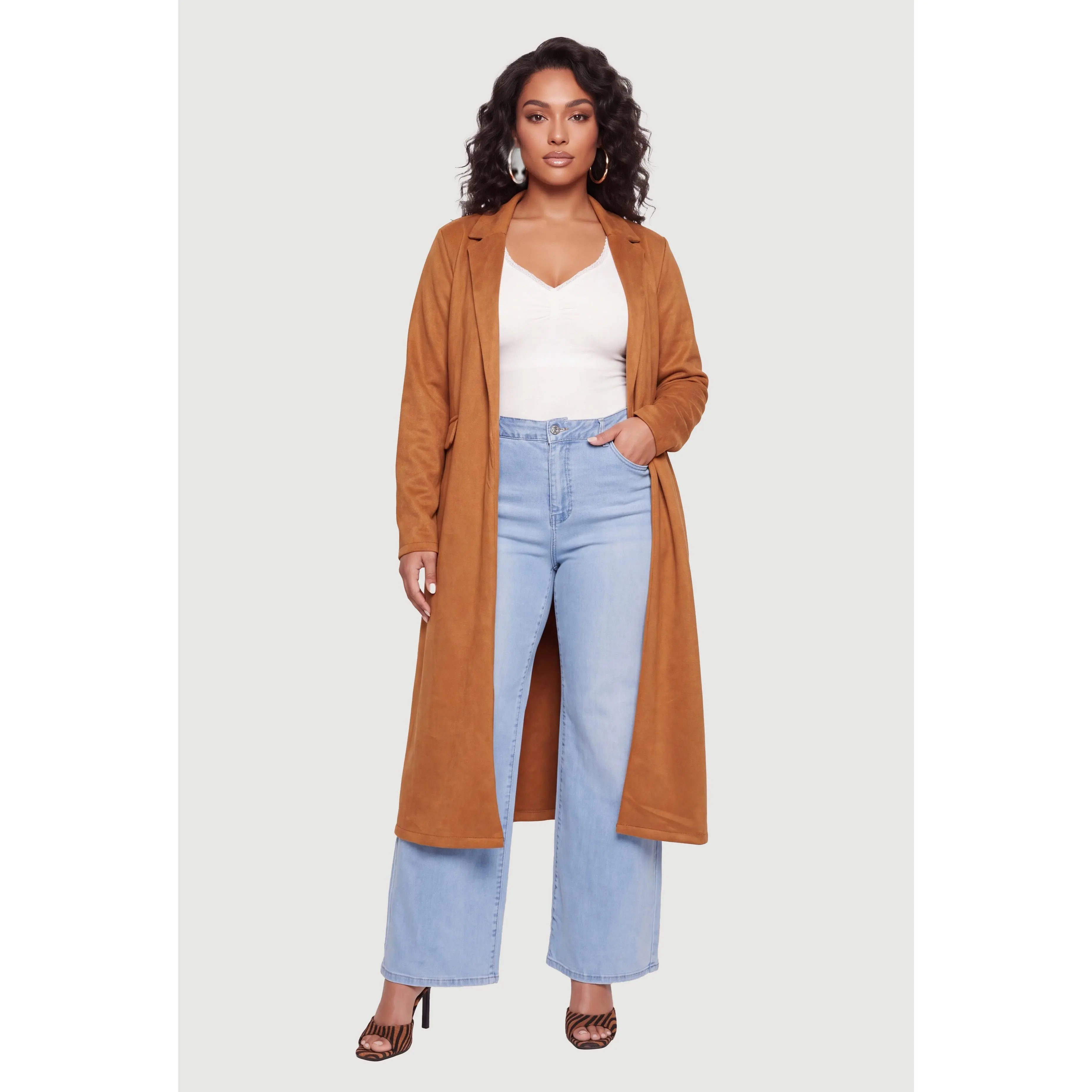 Plus Size Lapel Collar Faux Suede Duster Plus Size Lapel Collar Faux Suede Duster