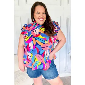 Tropical Vibes Blue & Pink Mock Neck Flutter Sleeve Top