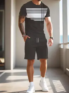 Men's 3D Print Casual Sports Set, 2 Piece T-Shirt and Short Pants, Fitted Crop Top, Short Sleeve Track Shorts, Summer