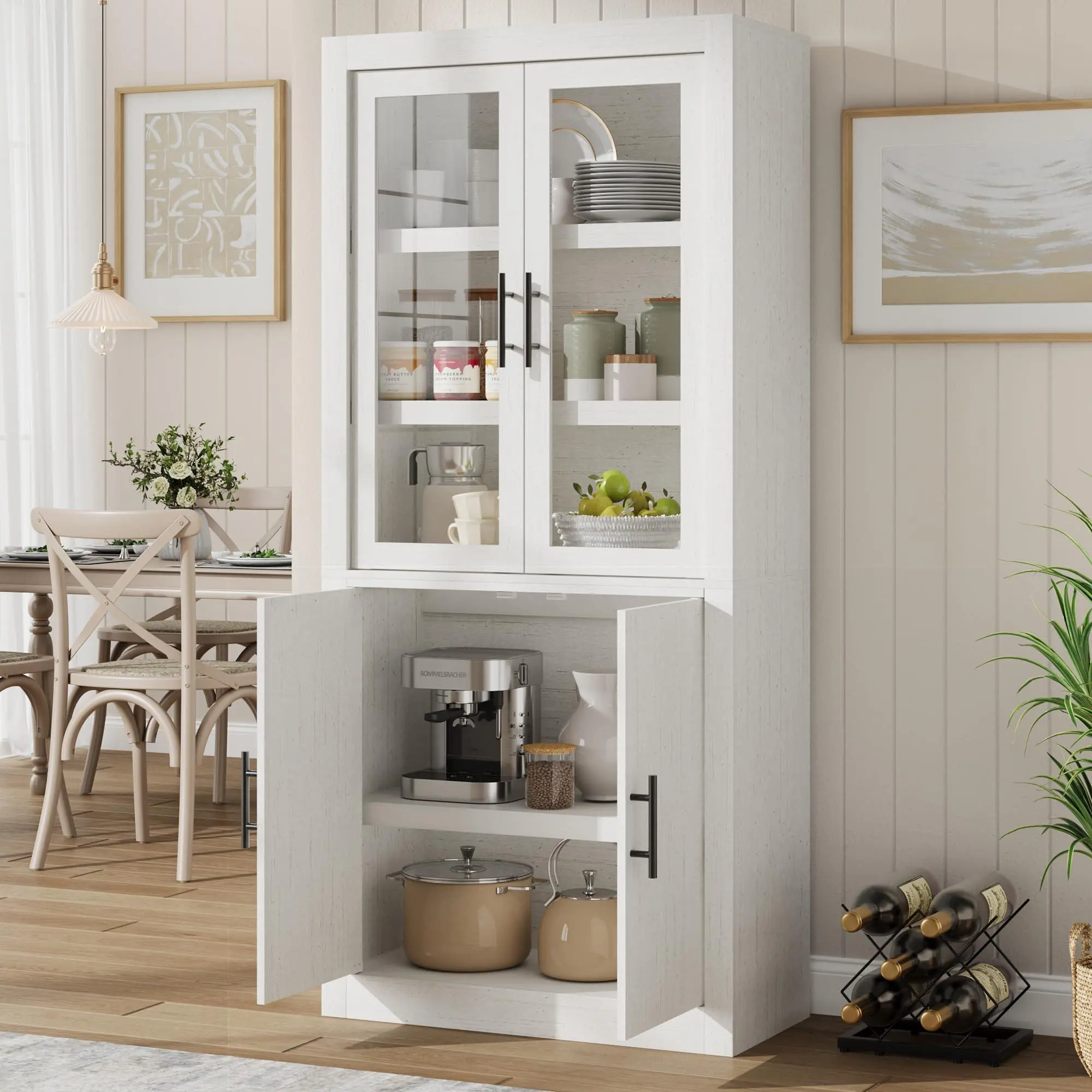 Retro White Tall Wooden Kitchen Pantry Cabinet,Farmhouse Glass Door Freestanding Food Storage Cupboard Pantry Cabinet with Adjustable Shelves & Large Storage for Dining,Living Room
