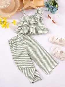 Two-piece Set Toddler Girl's Striped Print Asymmetrical Neck Top & Wide Leg Pants Set, Casual Ruffle Trim Top & Trousers, Summer Clothes for Kids, Baby Clothing, Summer Gift Set