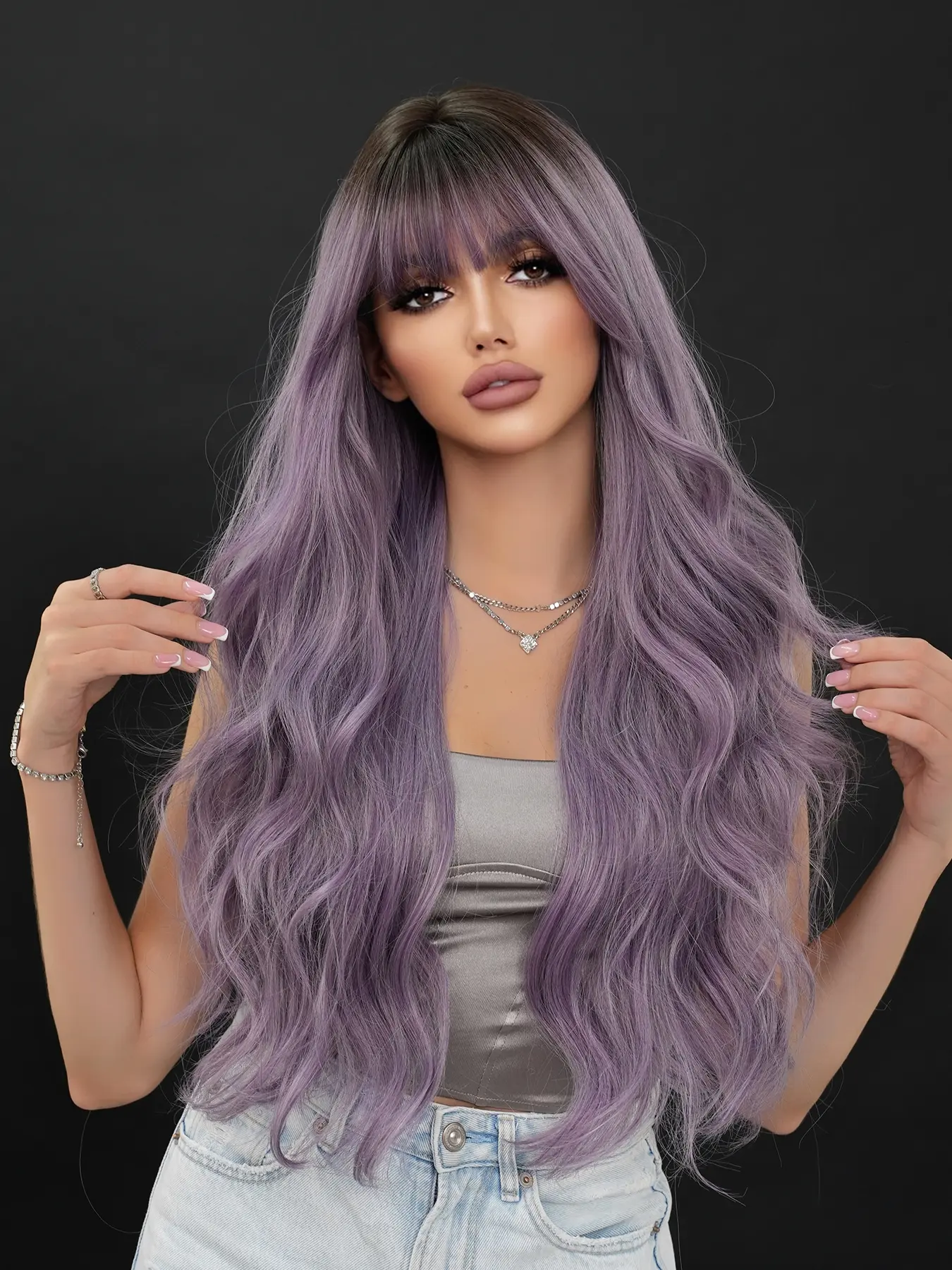 26 Inch Long Wavy Purple Ombre Wig for Women, Fluffy Curly Wig with Bangs Dark Roots, Synthetic Material Wigs, Synthetic Heat Resistant High Density Fiber Hair Wigs Wave with Bangs for Party Cosplay Halloween Wear, Valentine's Day gifts Wig