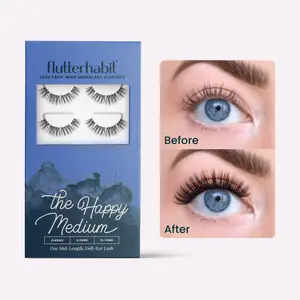 FlutterHabit The Happy (Medium) Pack of 6 At Home False Eyelash Extensions. Under lash application method