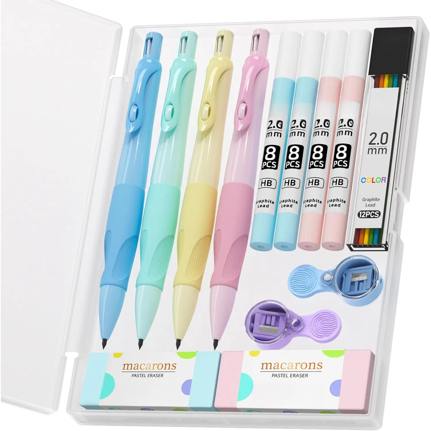 4 count Thick Barrel Mechanical Pencil with Comfort Grip, 2.0MM  Mechanical Pencil with 44 count Lead Refills, 2 count Sharpeners/Erasers, Aesthetic School Supplies for Writing Drawing
