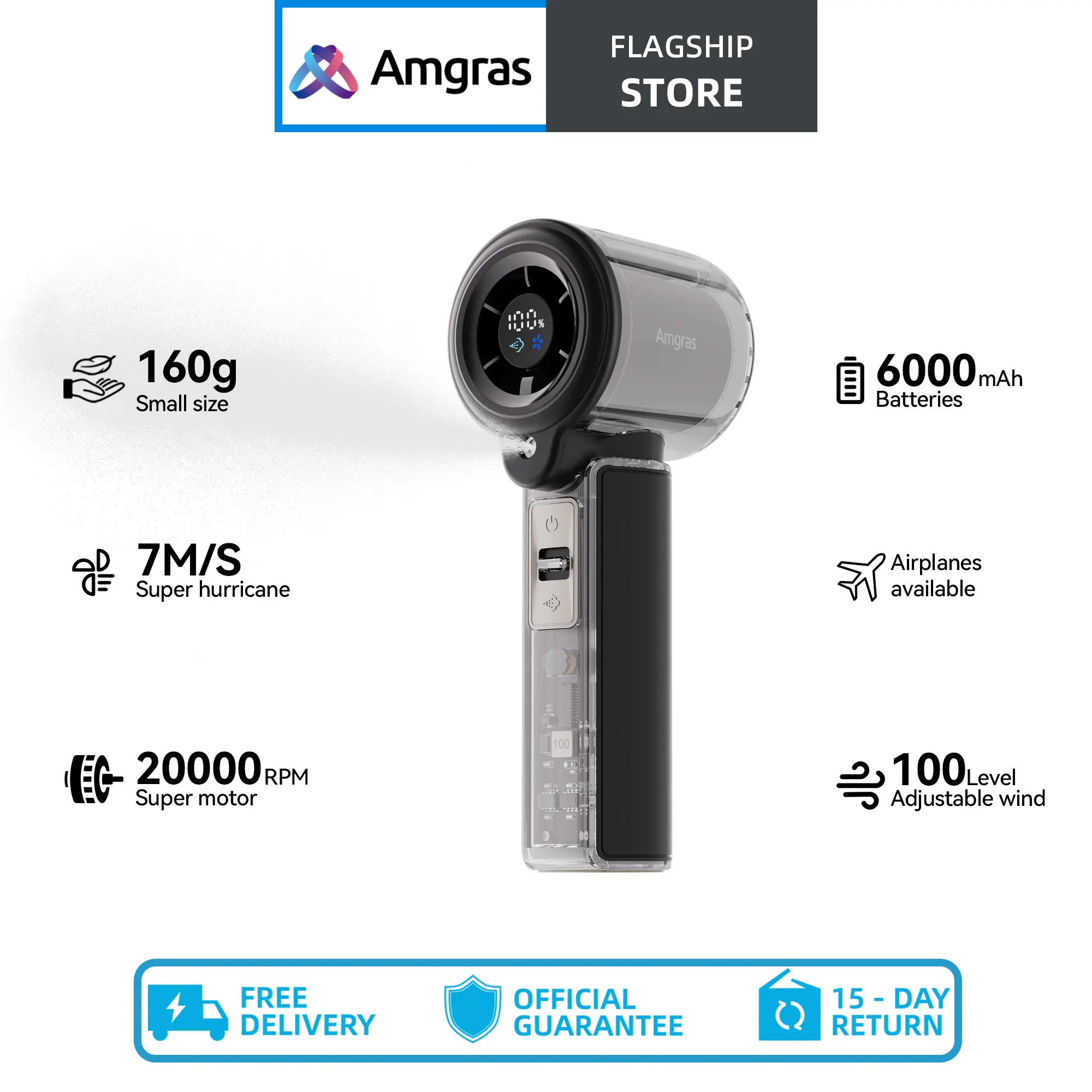 Amgras Metal Handheld Spray Fan - Hyper High-Speed Personal Cooling Strong Wind Rechargeable Adjustable Mini Ultralight Portable Fan with 6000mAh Battery, LED Smart Screen, USB Mobile Compatibility, Personal Cooling Fan