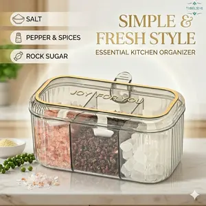 Kitchen 3-Compartment Seasoning Box with Lid — Simple & Fresh Home-Use Divided Container for Salt, MSG, Chicken Essence, and Spices