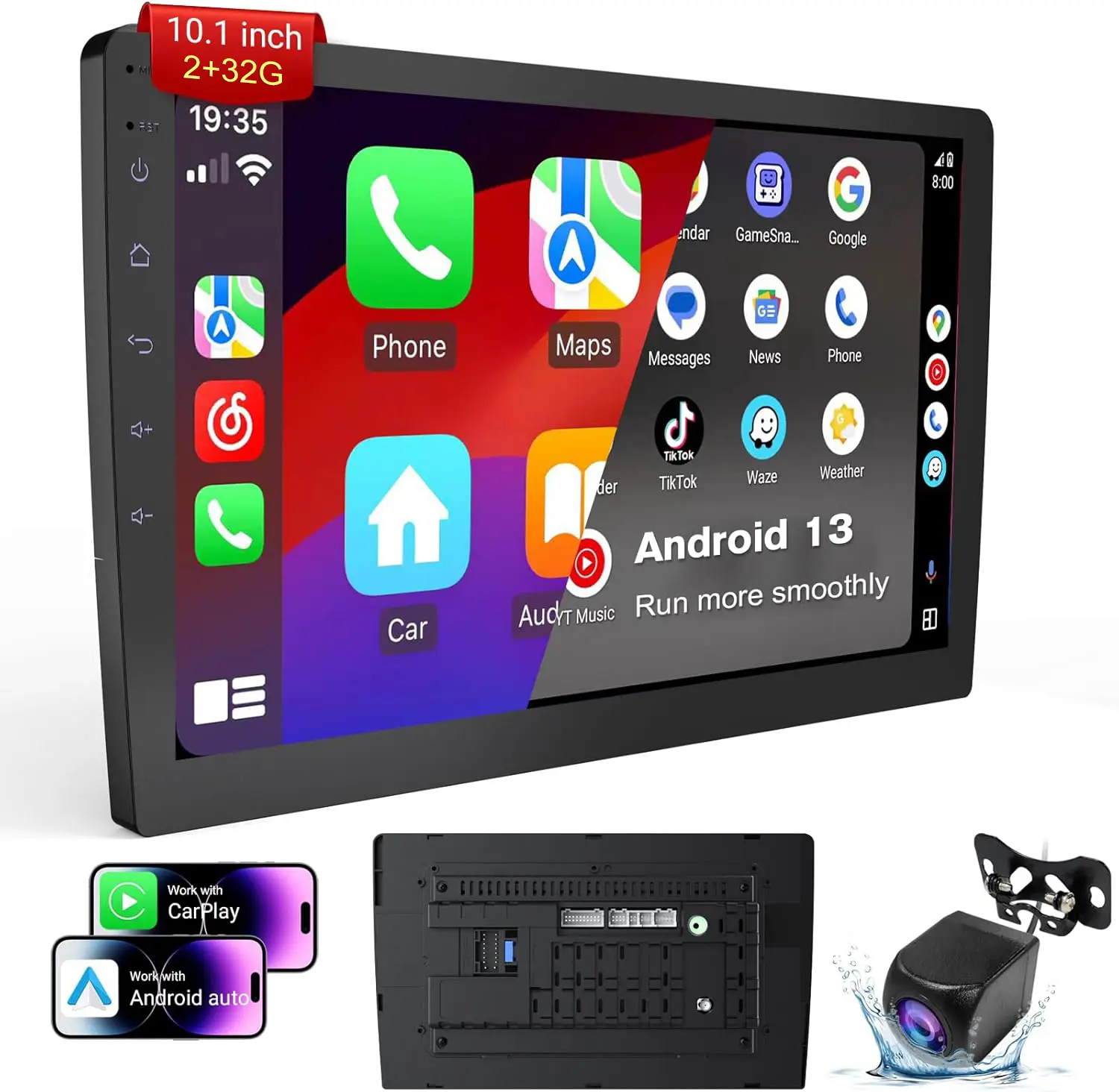10.1 inch Double DIN Android 13 Bluetooth Head Unit Car Video Player for GMC, Wireless CarPlay, Android Auto, GPS Navigation, WiFi, HD Touchscreen, 50W×4 Power Output, HD Backup Camera, Mirror Link, 2+32GB Hi-Fi Audio, Bluetooth Head Unit Car Video Player