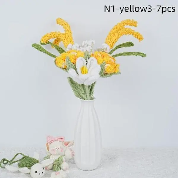 7PCS Handmade Crochet Yellow Bouquet For Birthday Gift, Knitted Wheat/Rose/Carnation/Baby's Breath/Tulip, Birthday/Christmas  Gifts
