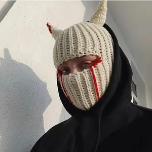 Universal Funny Horn Mask Head Cover Knitted Hat for Halloween Festivals Cozy Stretchy Yarn Iconic Demon Horns Bold Red Accents Full Coverage Design Dark Mysterious Vibe Festival Looks