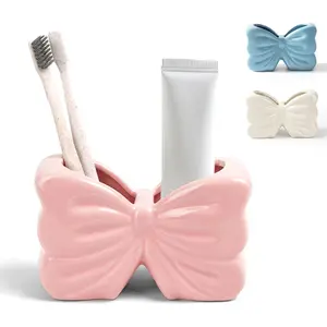 Bow Toothbrush Holder, 2-Slot Toothbrush and Toothpaste Holder Cute Toothbrush Holder Set, Bathroom Counter Organizer for Bathrooms,Electric Toothbrushes, Floss, Razors