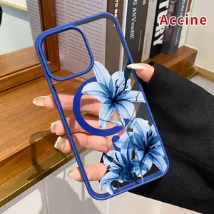 Magnetic Soft Case for iPhone 17 Pro Max 16 Plus 15 14 13 12 11 Air E Non-Yellowing Drop Protection Transparent Acrylic Blue Lily Grace Pattern Shockproof Silicone Cover Supports Wireless Charging