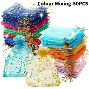 Transparent Organza Bags, 50pcs Mesh Drawstring Bags, Assorted Colors, Wedding Favours, Halloween, Christmas Party Gifts