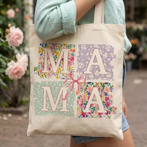 Mama Floral Patchwork Tote Bag, Aesthetic Mom Canvas Tote, Cute Mother’s Day Gift, Vintage Floral Letter Tote, Gift for Mom