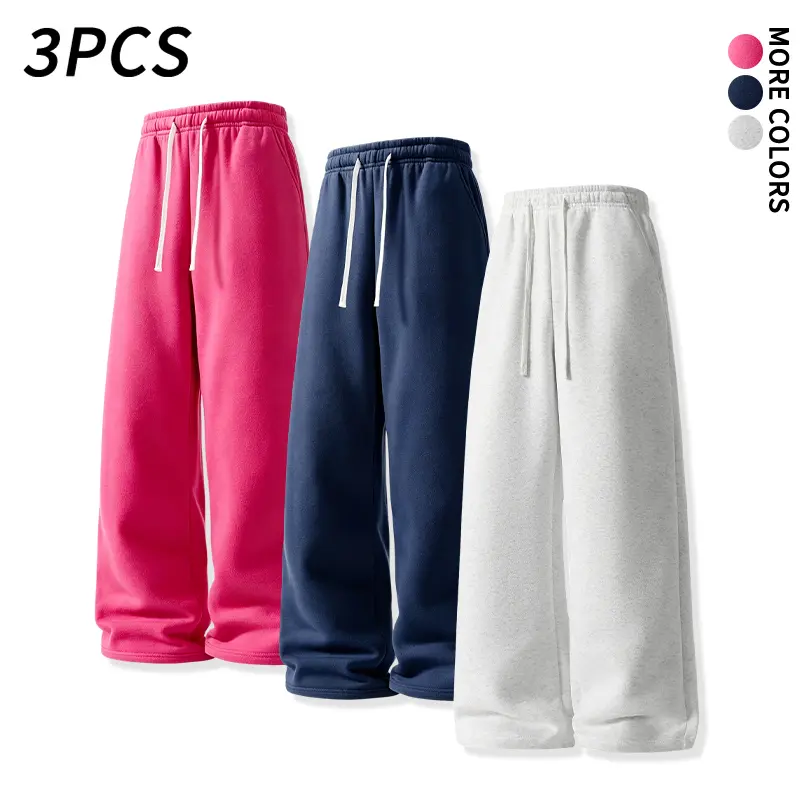 3 pcs wide leg, loose sweatpants made from soft cotton blend fabric, featuring a drawstring high waist and a drapey, relaxed fit—popular, comfortable loungewear pants suitable for everyday commuting, workouts, campus wear, and casual streetwear looks.