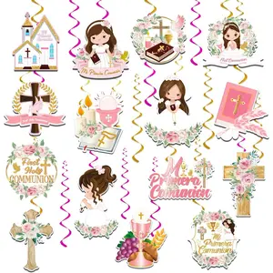 Baptism Cross Hanging Swirls First Communion Decorations Mi Primeria Communion Hanging Swirls for Girl Baptism Baby Shower Pink Religious Hanging Decorations Baptism Supplies