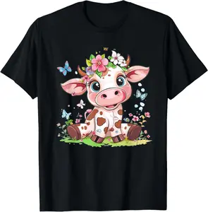 100% Cotton Cute Cow With Flowers I Kids Cow T-Shirt
