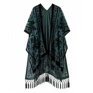 WeHello Boho Velvet Kimono with Tassels Women's Burnout Velvet Long Cardigan Cover Up Soft & Chic Elegance Dress for Layering & Workwear Elegant Outfits Womenswear Clothes Piece Uniforms