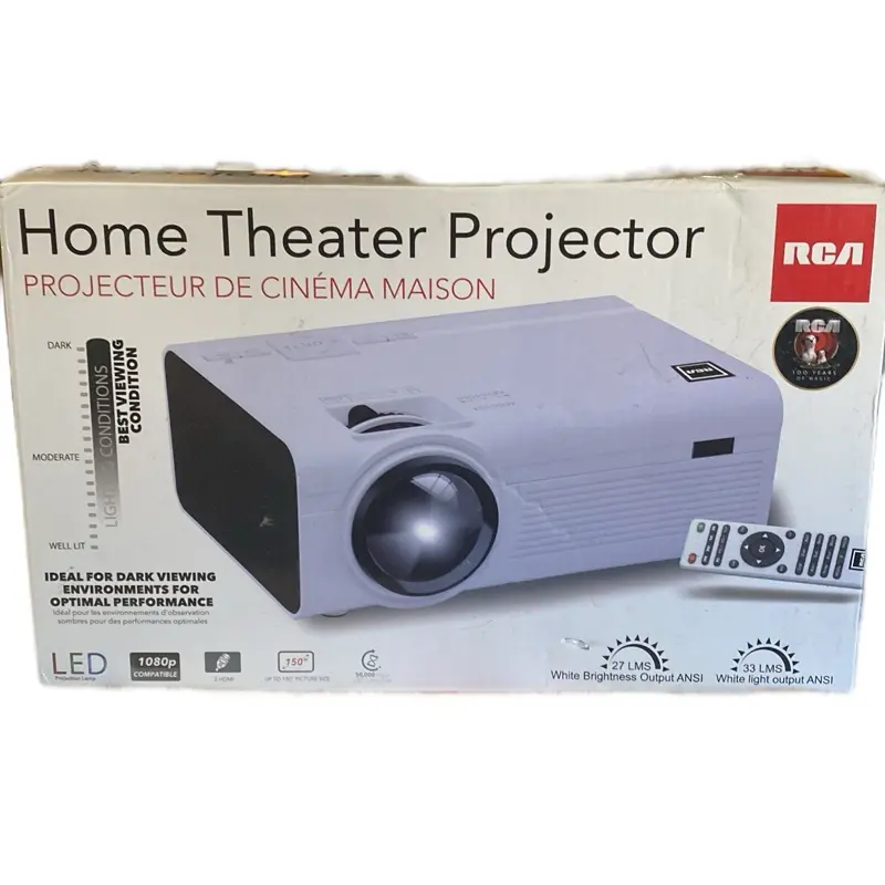 RCA Home Theater Projector with Remote Control 1080p Compatible 150" Picture Size 50000 Hour LED Lamp Life 2 Stereo Speakers Ideal for Dark Viewing Conditions