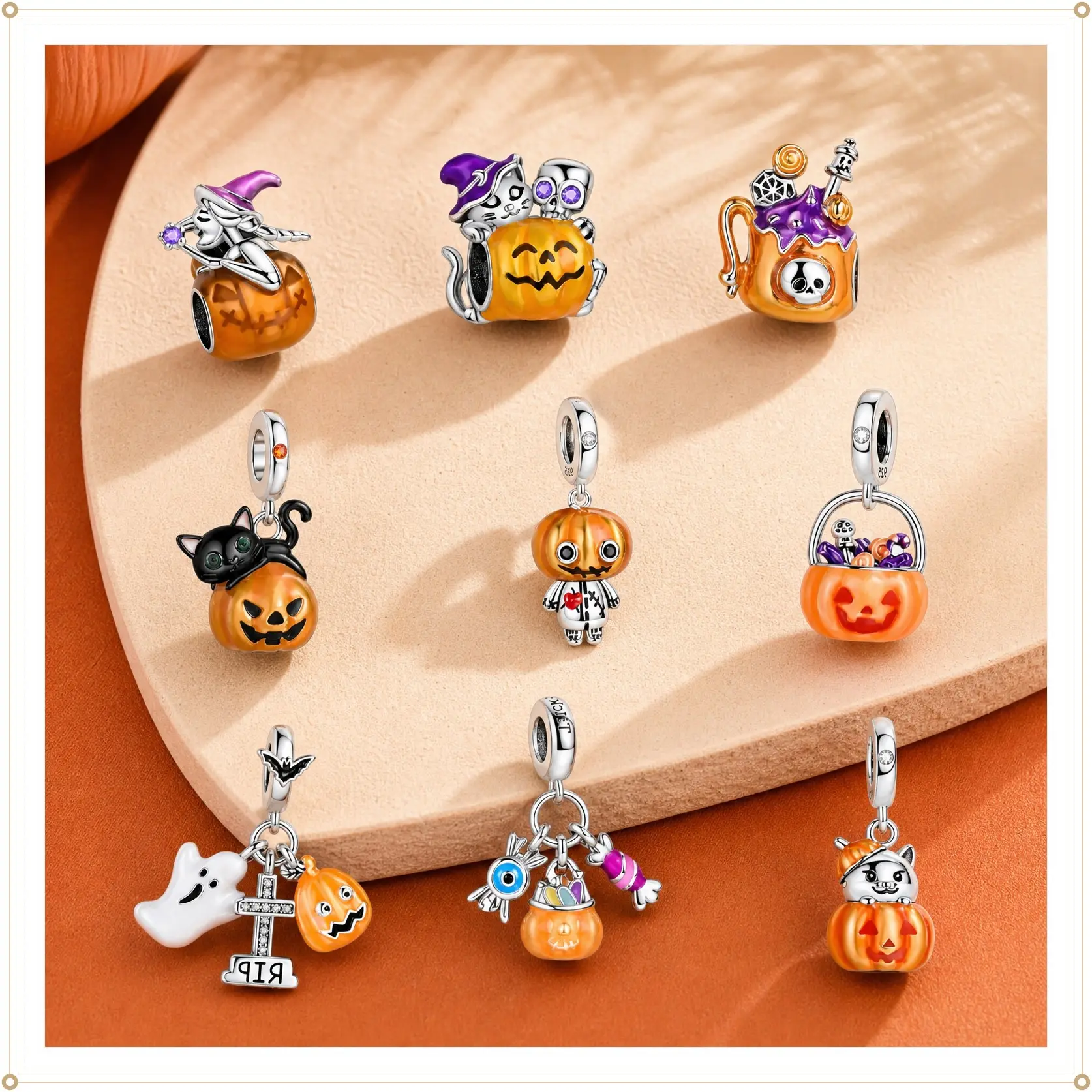 MULA S925 Silver-Plated Halloween Charms - Spooky Pumpkins, Witch Cats, Ghosts, Cute Monsters - Compatible with Pandora Bracelets, Witchcraft Themed, Costume Party Collectibles, Personalized Jewelry Gift for Girls, Costume Parties, Charms & Pendants