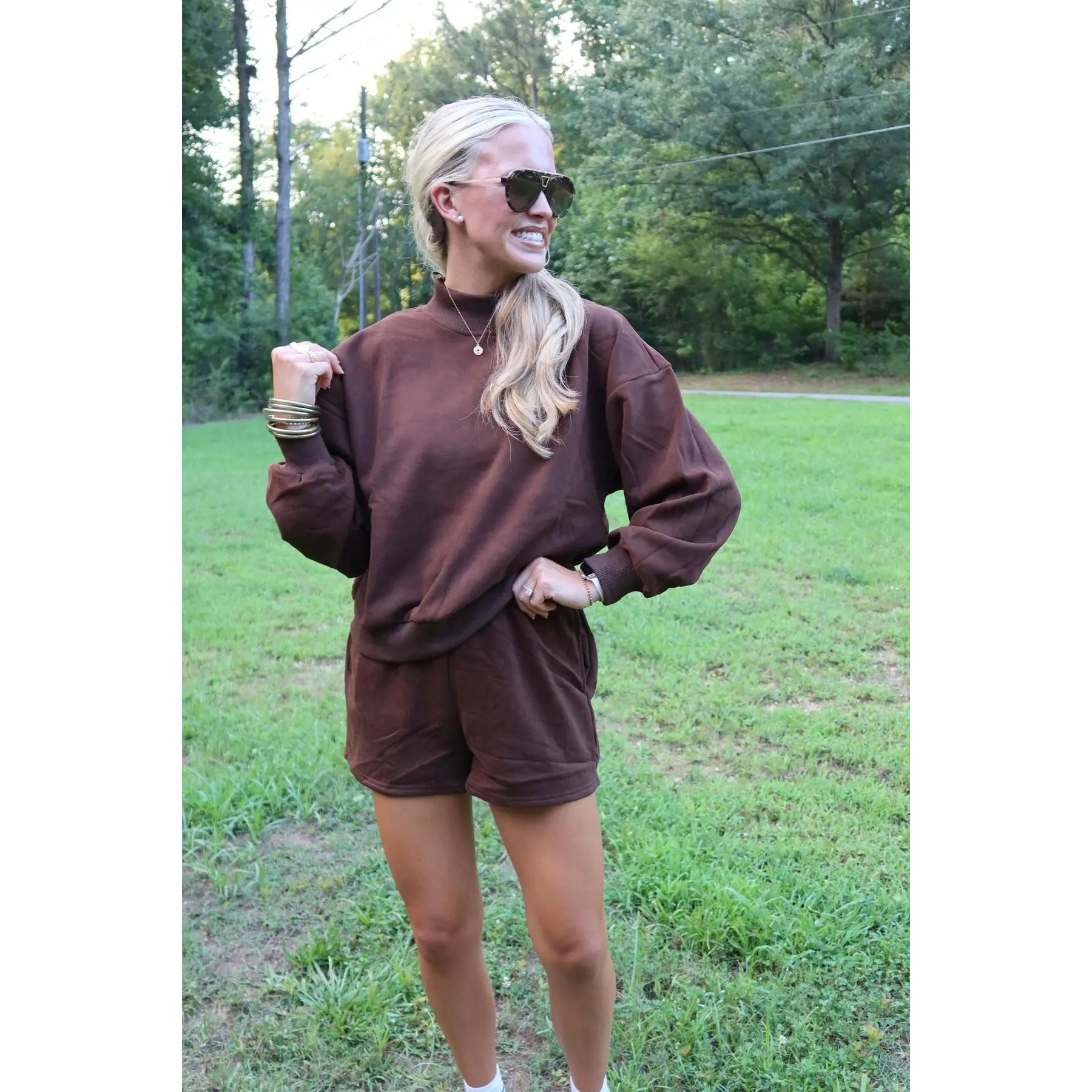 Mock Neck Sweatshirt + Shorts Set || Chocolate
