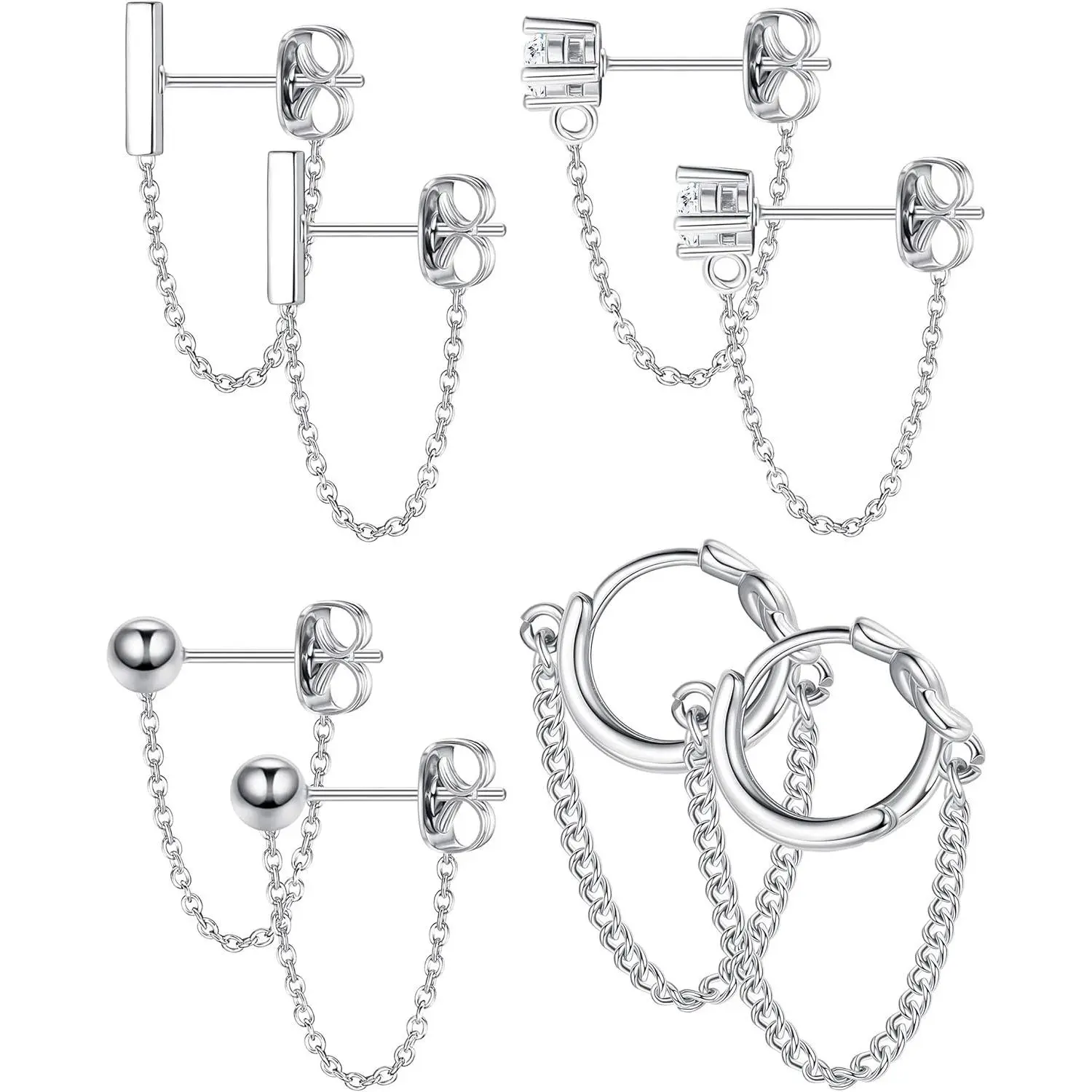FLORIDECO Women's 4-Pair Stud Earrings Set - Copper Chain, CZ Ball, Huggie Hoop Styles, Stainless Steel Ear Pins - Trendy Artificial Gemstone Jewelry for Daily Wear