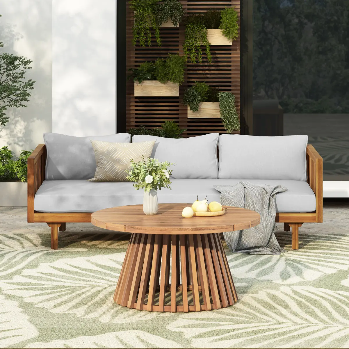 Claremont Sturdy Glam 3-Seater Teak Acacia Wood Table Outdoor Patio Daybed Set, Outdoor Furniture for Backyard Oasis Gathering & Patio Decor, 600lbs Weight Capacity, Assembly Required