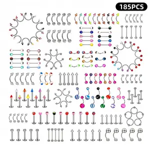 185PCS Fashion Piercing Jewelry – Gorgeous 14G-18G Mixed Set – Hypoallergenic & Nickel Free – Sparkling Tongue Rings, Nipple Barbells, Nose Studs, Belly Button, Eyebrow, Lip, Tragus, Navel – Jewelry Only