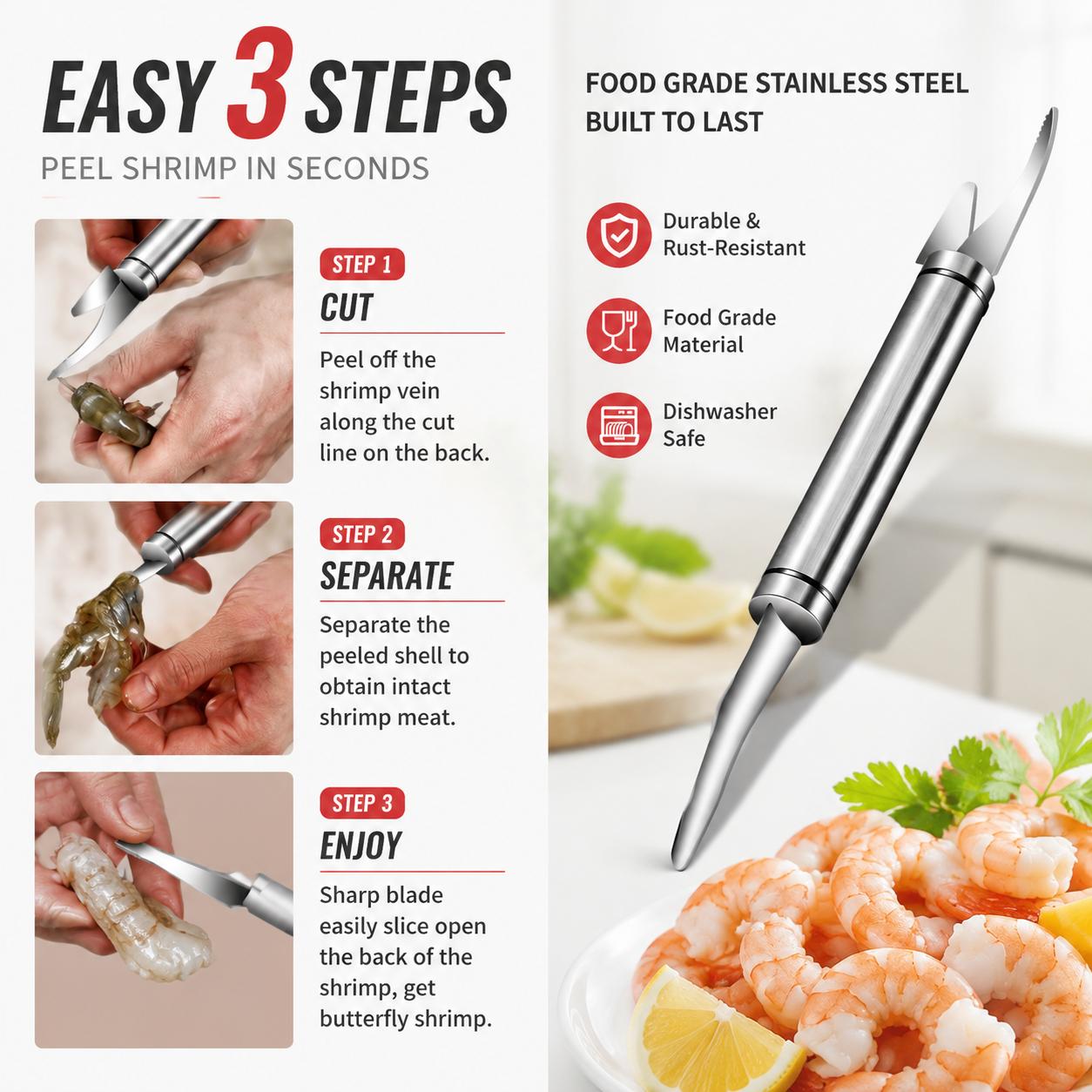 2PC Stainless Steel Shrimp Deveiner Set, Kitchen Utensils for Efficient Peeling & Cleaning, Portable Seafood Gadget with Built-In Knife for Easy Prep