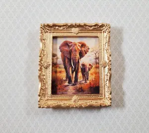 Miniature Framed Art Print Elephant with Calf Gold Frame 1:12 Scale Dollhouse